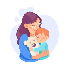 Embracing Mom and Son Loving and Feeling Happy Vector Illustration