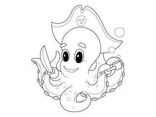 Isolated character. A child octopus pirate, in tentacles holds a sword, a pipe and a pirates pouch. Children coloring book.