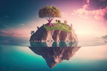 Surreal float landscape with the notion of paradise, floating island in a fantasy setting with a single natural tree perched on a rocky outcrop. Generative AI