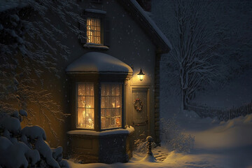 christmas night, snow, house, light in windows, beautiful, concept art illustration
