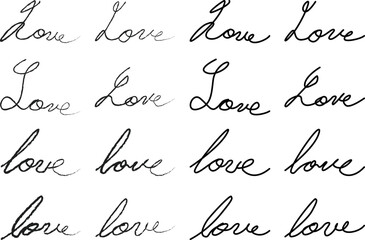 Love handwritten word with sixteen variations. Editable stroke.