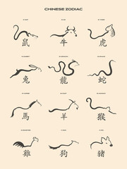 Planche d'illustrations représentant les 12 signes des animaux de l'astrologie chinoise avec leur caractère chinois et la signification