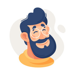 Bearded Man in Glasses Showing Emotion of Happiness Vector Illustration