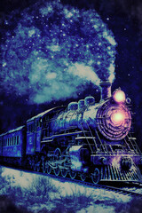Stunning steam locomotive on a winter night, winter landscape, fantasy illustration art