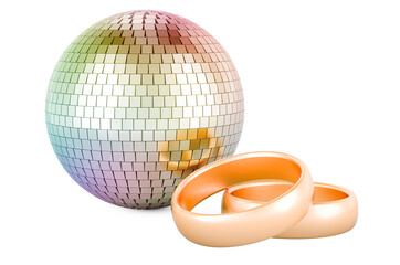 Mirror disco ball with golden wedding rings, 3D rendering