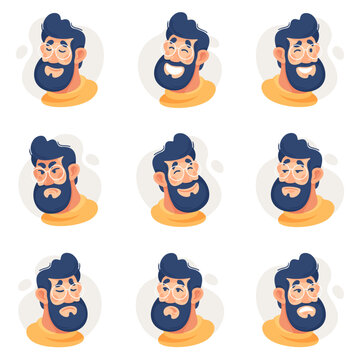 Bearded Man in Glasses Showing Different Emotion Vector Set