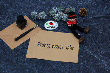 Neujahrskarte: Glückwünsche für das neue Jahr mit einem Schornsteinfeger, Tinte, Brief,...