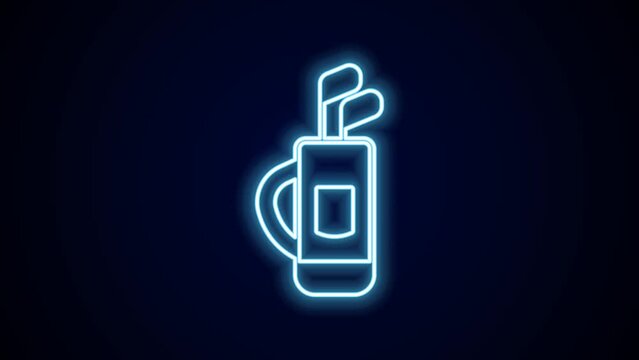 Glowing neon line Golf bag with clubs icon isolated on black background. 4K Video motion graphic animation