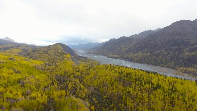 Beautiful fall colors of Chugach National Forest, Alaska on a cloudy day
