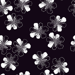 Seamless pattern from simple cute little meadow flowers. Hand drawn in white on a dark background. Spring-summer, gentle romantic children's print. vector