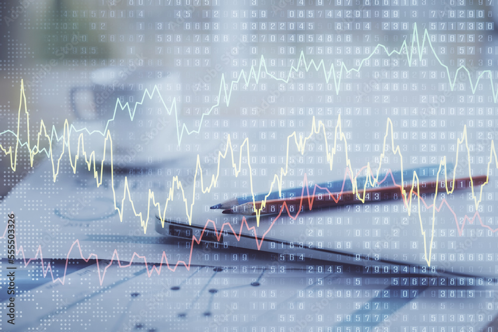 Aufkleber forex graph hologram on table with computer background. double exposure. concept of financial market