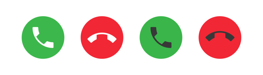 Answer and decline icon. Hang phone csymbol. Green accept, and red reject button ui. Flat design.