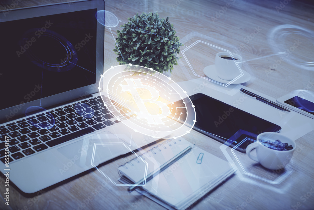 Poster Double exposure of blockchain and crypto economy theme hologram and table with computer background. Concept of bitcoin cryptocurrency.