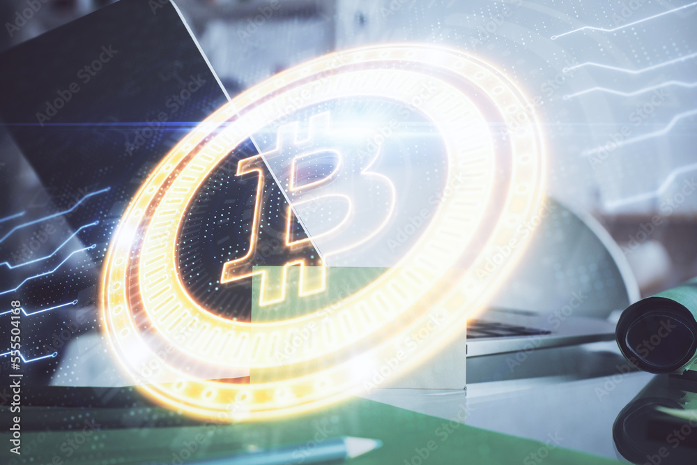 Aufkleber Double exposure of blockchain and crypto economy theme hologram and table with computer background. Concept of bitcoin cryptocurrency.