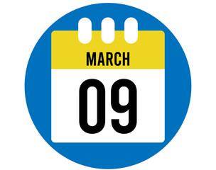 9 day March calendar vector. Calendar page icon for March days. Blue circle with yellow calendar