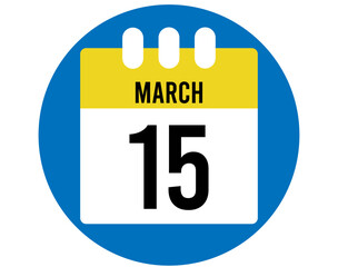 15 day March calendar vector. Calendar page icon for March days. Blue circle with yellow calendar