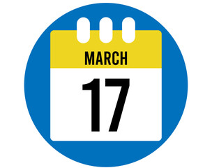 17 day March calendar vector. Calendar page icon for March days. Blue circle with yellow calendar