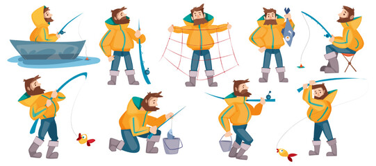 Fototapeta premium Bearded Fisherman Capturing Fish with Rod and Net on Boat in Pond Vector Set