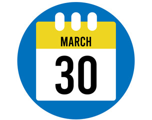 30 day March calendar vector. Calendar page icon for March days. Blue circle with yellow calendar