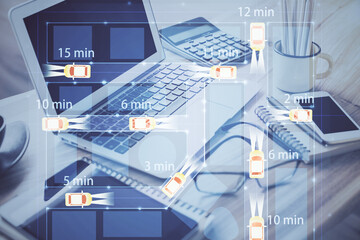 Desktop computer background in office with automobile hologram drawing. Multi exposure. Tech concept.