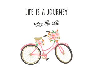 Decorative slogan with cute vintage bicycle and watercolor flowers
