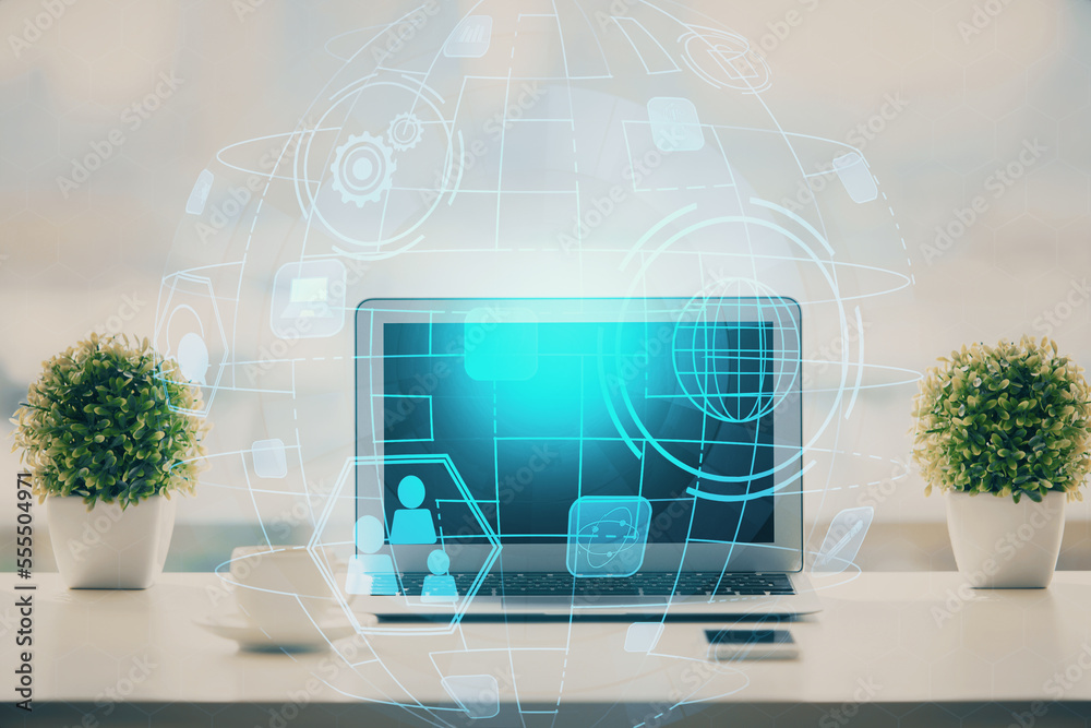 Poster computer on desktop with social network hologram. double exposure. concept of international people c