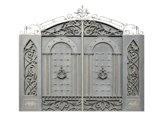 Gate with wrought iron decor.