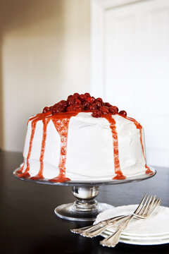 Raspberry Cake on Glass Cake Stand