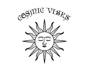 Fototapeta premium Cosmic vibes slogan with celestial sun vector