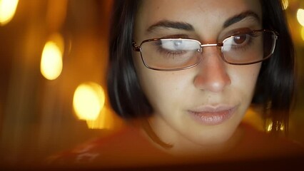 closeup of woman working on laptop to research cryptocurrency financial markets. Trader wearing glasses working at christmas eve. Analyzing stock market to make investment during winter holidays. - Powered by Adobe