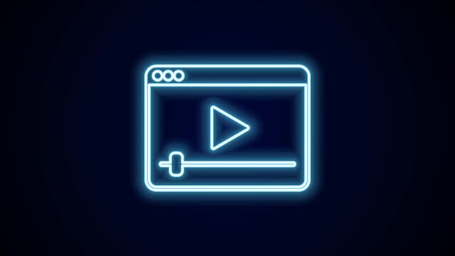 Glowing neon line Online play video icon isolated on black background. Film strip with play sign. 4K Video motion graphic animation