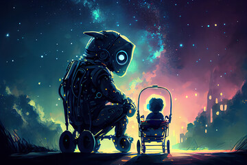 Robot babysitter together with small child in a pram walk under the night starry sky