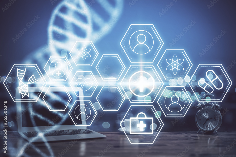 Poster desktop computer background and dna drawing. double exposure. science concept.