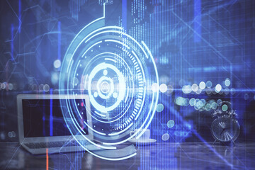 Multi exposure of computer on background and technology theme drawing. Concept of innovation.