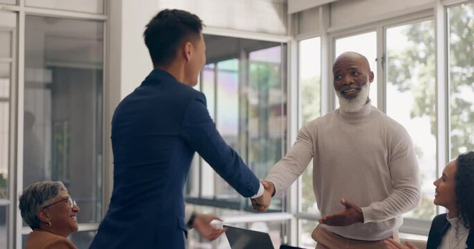Business people, clapping or handshake in office meeting for company promotion, financial goals success or partnership deal. Smile, happy or shaking hands for finance workers or employees in welcome
