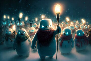 Illustration of a Group of Marauding, Creepy, Zombie Snowman for Christmas or Halloween