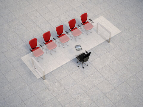 Illustration of glass conference table with business chairs on granite tiles, studio shot