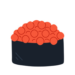 Sushi Gunkan with caviar. Roll with samon caviar, rice wrapped in nori seaweed. Traditional Japanese food. Hand-drawn colored flat vector illustration isolated on white background.