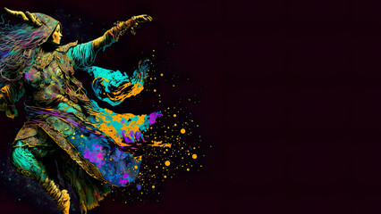 Obraz na płótnie Canvas Cosmic shaman in her eternal dance, female shaman creating the world, space for text, spirituality, shamanism, spirits, cosmos, universe, illustration, generated art
