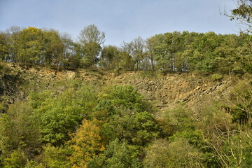 Fototapeta na wymiar Pans rocheux verticaux émergeant de la végétation luxuriante et sauvage dominant la vallée de l'Amblève à Aywaille 