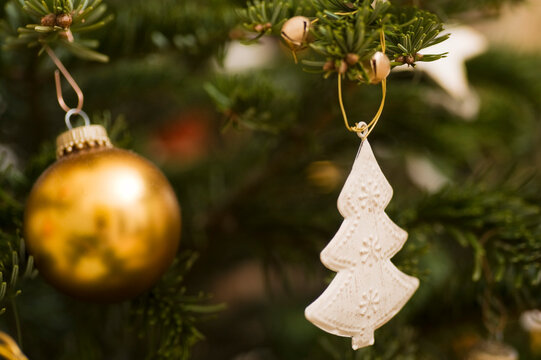 Close-up of Christmas Ornaments on Christmas Tree