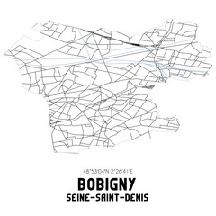 Black and white map of Bobigny, Seine-Saint-Denis, France.