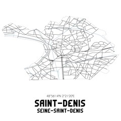 Black and white map of Saint-Denis, Seine-Saint-Denis, France.