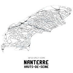 Black and white map of Nanterre, Hauts-de-Seine, France.