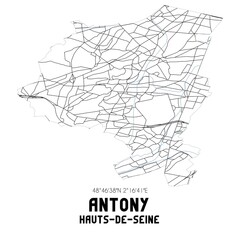 Black and white map of Antony, Hauts-de-Seine, France.