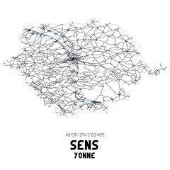 Black and white map of Sens, Yonne, France.