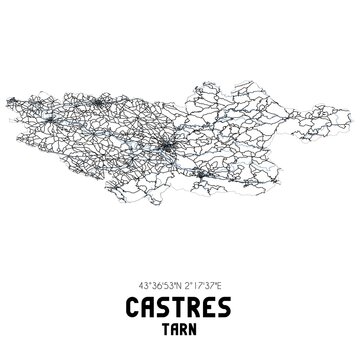 Black and white map of Castres, Tarn, France.