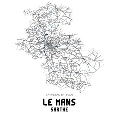 Black and white map of Le Mans, Sarthe, France.