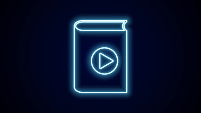 Glowing neon line Audio book icon isolated on black background. Play button and book. Audio guide sign. Online learning concept. 4K Video motion graphic animation
