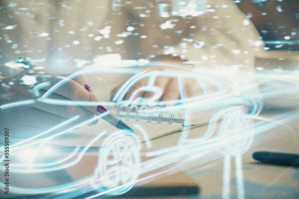 Poster tech autopilot theme hologram over woman's hands taking notes background. concept of hightech. doubl